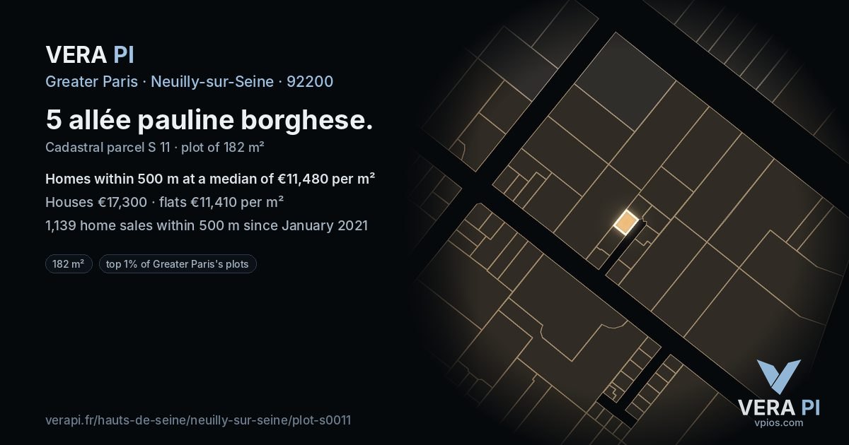 5 allée pauline borghese, Neuilly-sur-Seine at night – the plot lit, the parcels around coloured by the prices near them