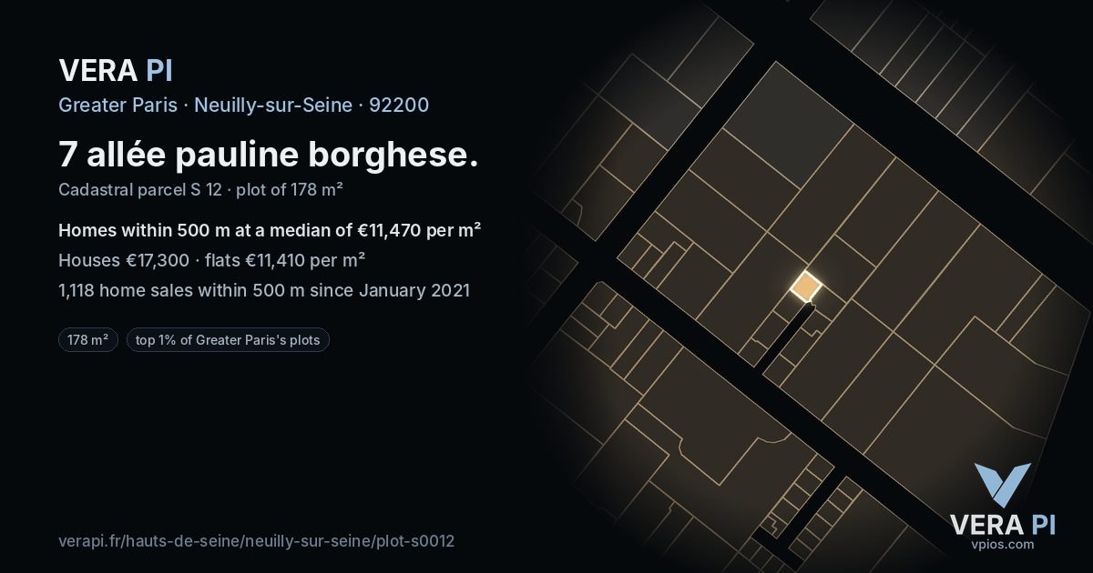 7 allée pauline borghese, Neuilly-sur-Seine at night – the plot lit, the parcels around coloured by the prices near them