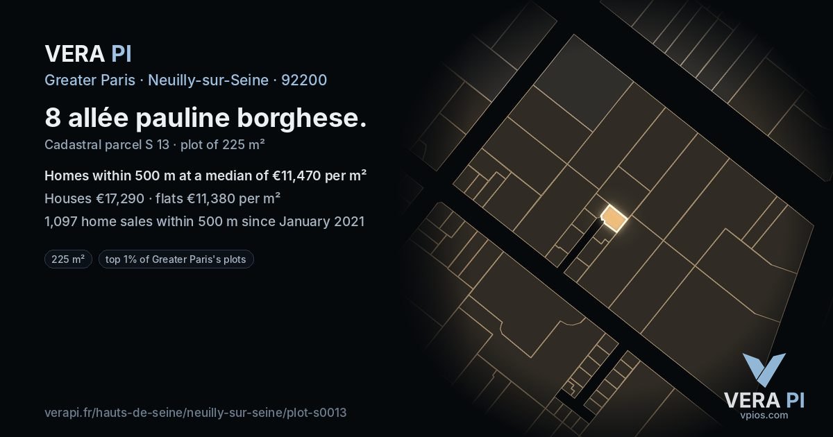 8 allée pauline borghese, Neuilly-sur-Seine at night – the plot lit, the parcels around coloured by the prices near them
