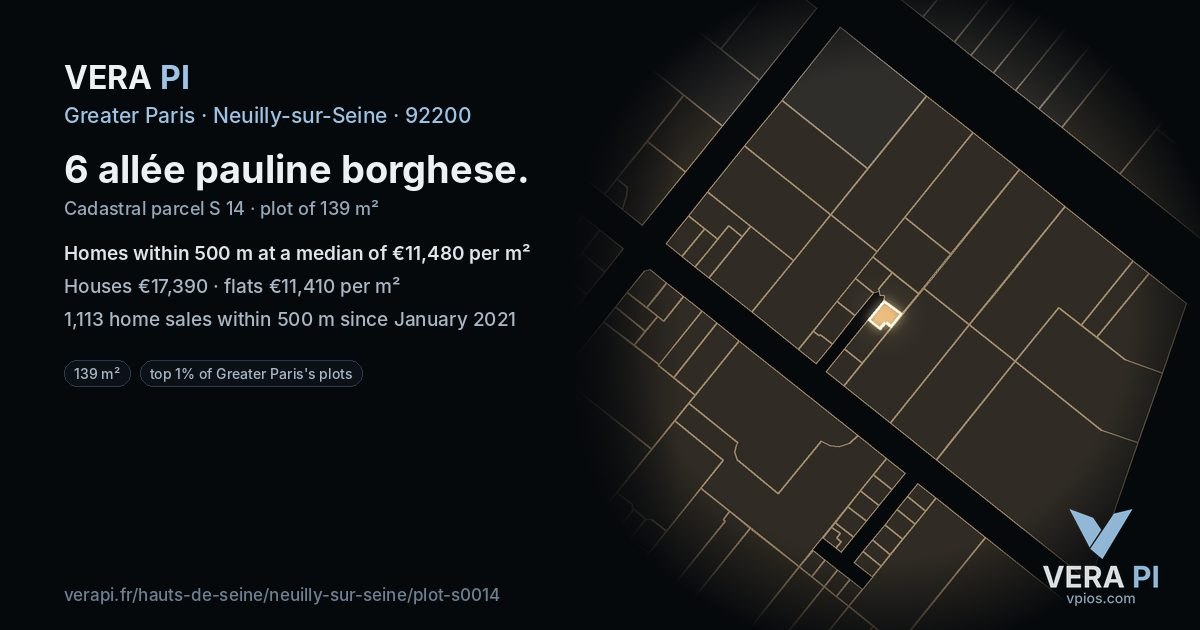 6 allée pauline borghese, Neuilly-sur-Seine at night – the plot lit, the parcels around coloured by the prices near them