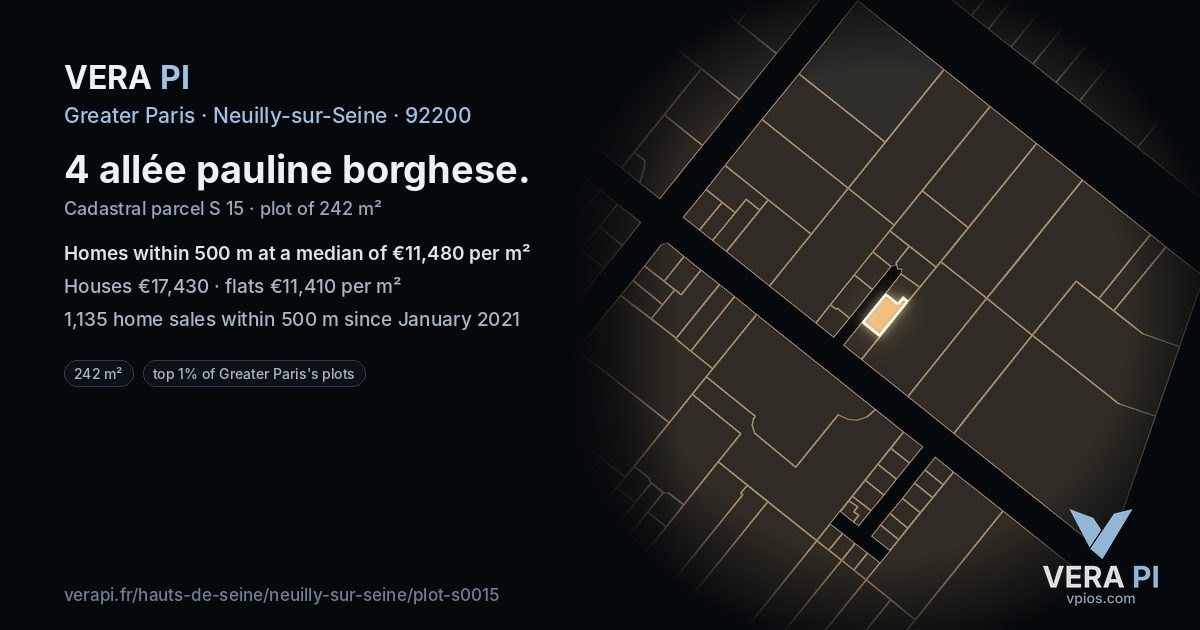 4 allée pauline borghese, Neuilly-sur-Seine at night – the plot lit, the parcels around coloured by the prices near them