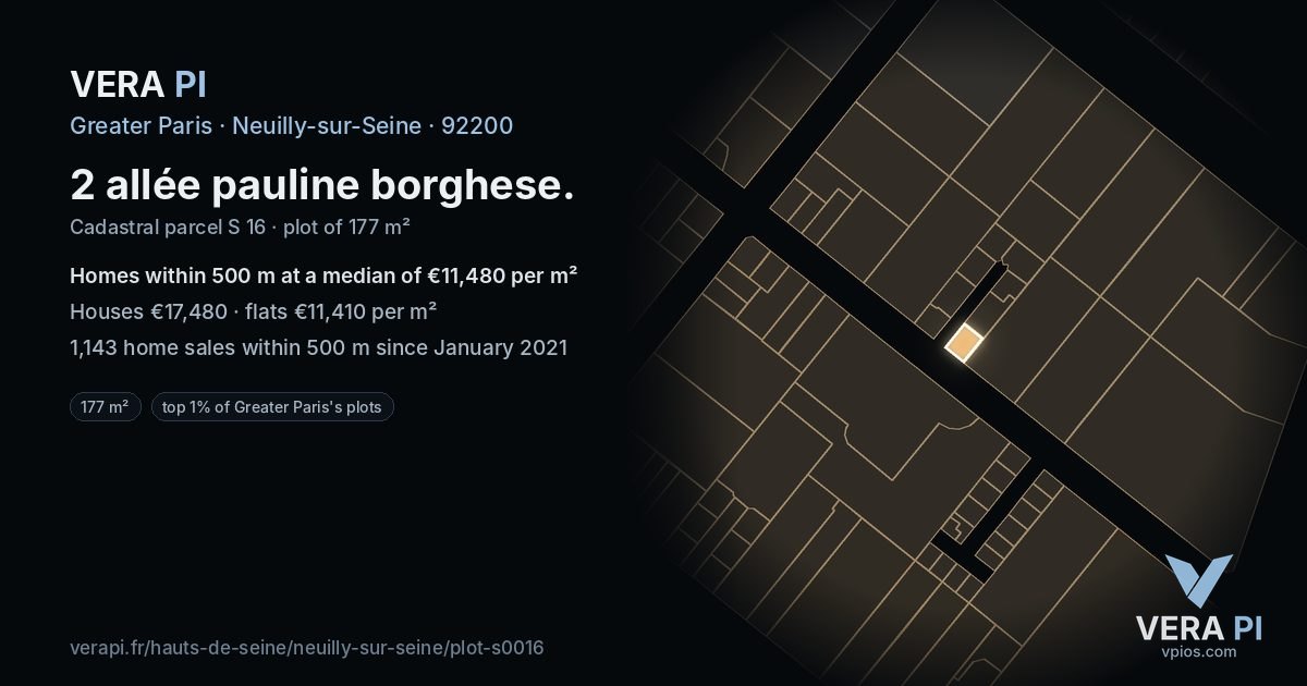 2 allée pauline borghese, Neuilly-sur-Seine at night – the plot lit, the parcels around coloured by the prices near them