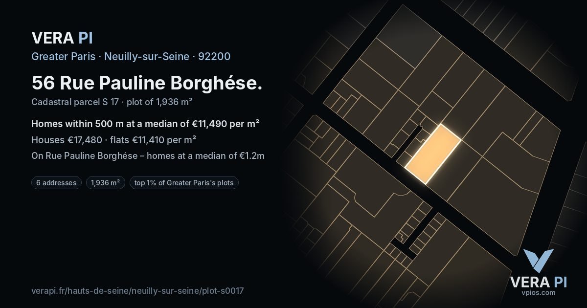 56 Rue Pauline Borghése, Neuilly-sur-Seine at night – the plot lit, the parcels around coloured by the prices near them