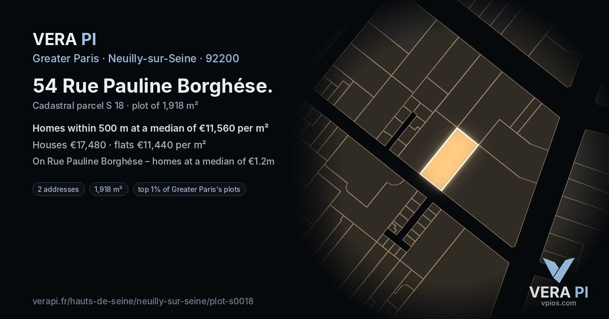 54 Rue Pauline Borghése, Neuilly-sur-Seine at night – the plot lit, the parcels around coloured by the prices near them