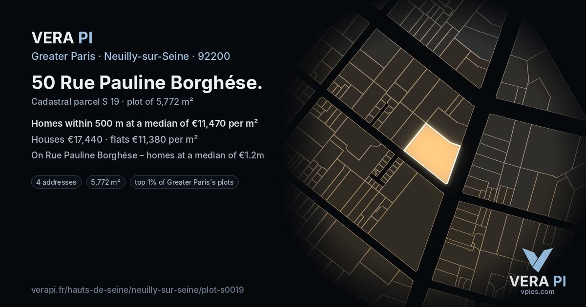 50 Rue Pauline Borghése, Neuilly-sur-Seine at night – the plot lit, the parcels around coloured by the prices near them