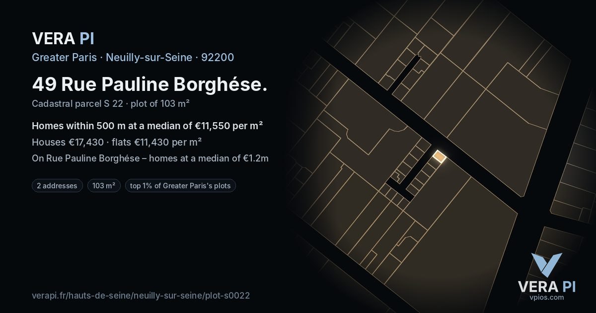49 Rue Pauline Borghése, Neuilly-sur-Seine at night – the plot lit, the parcels around coloured by the prices near them