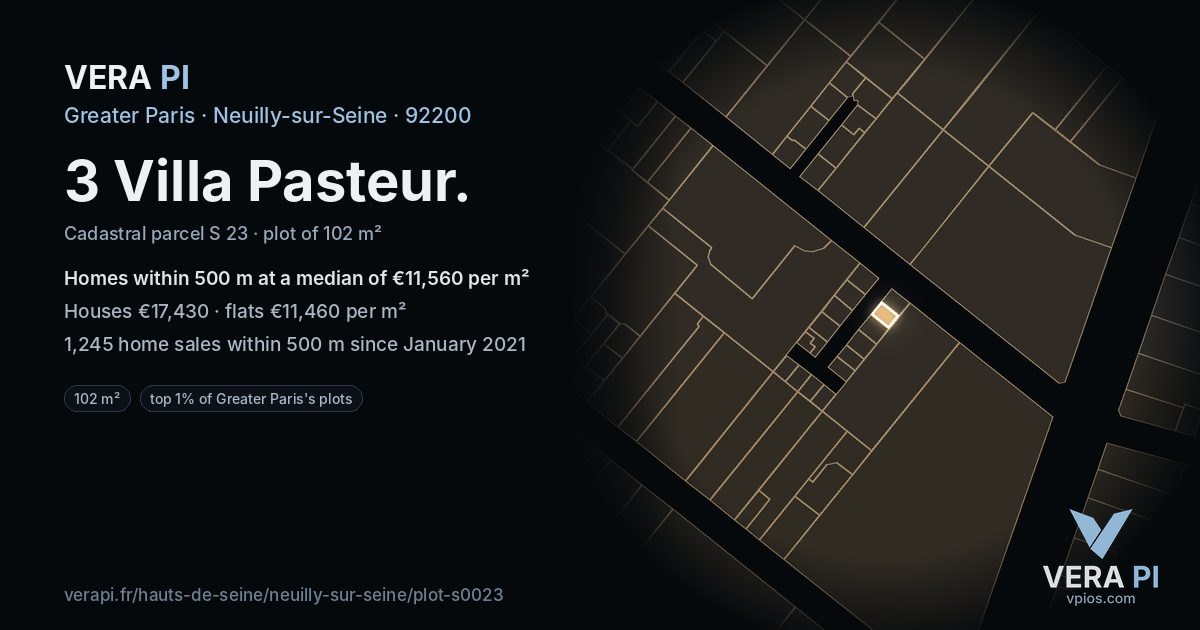 3 Villa Pasteur, Neuilly-sur-Seine at night – the plot lit, the parcels around coloured by the prices near them