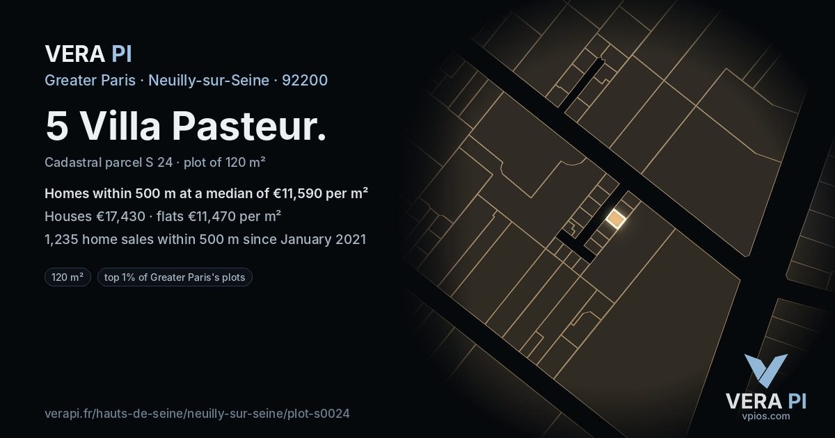 5 Villa Pasteur, Neuilly-sur-Seine at night – the plot lit, the parcels around coloured by the prices near them