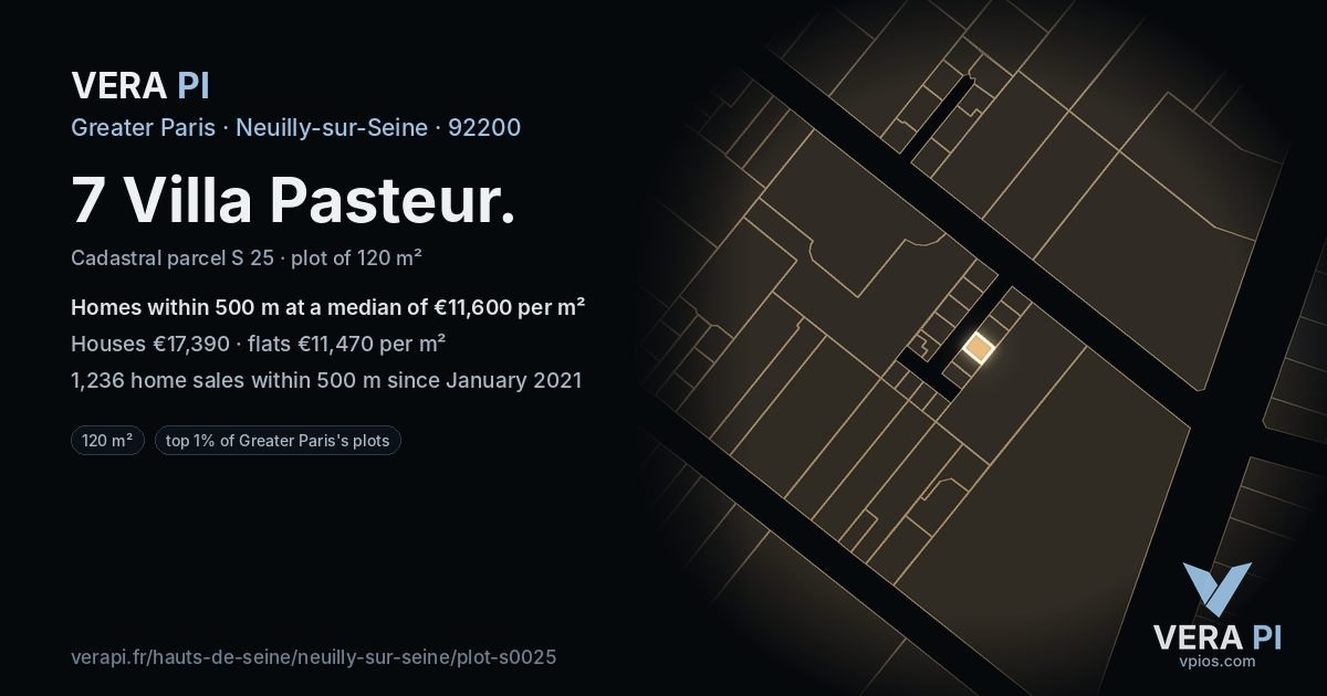 7 Villa Pasteur, Neuilly-sur-Seine at night – the plot lit, the parcels around coloured by the prices near them