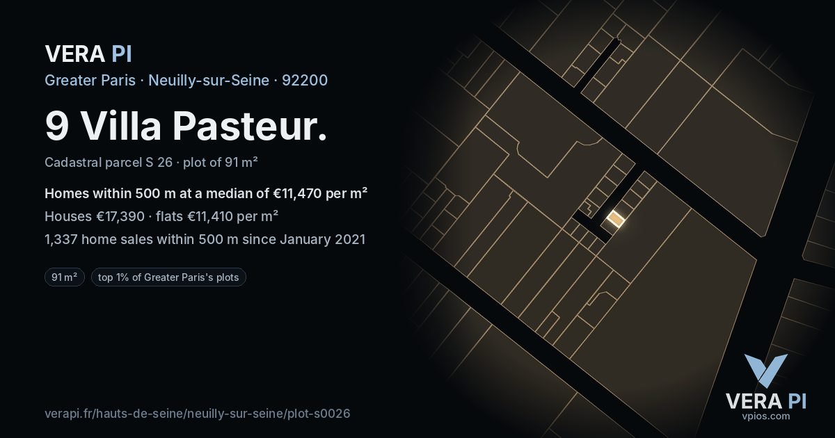 9 Villa Pasteur, Neuilly-sur-Seine at night – the plot lit, the parcels around coloured by the prices near them