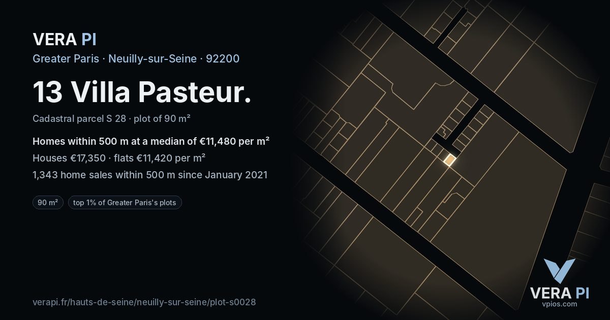13 Villa Pasteur, Neuilly-sur-Seine at night – the plot lit, the parcels around coloured by the prices near them