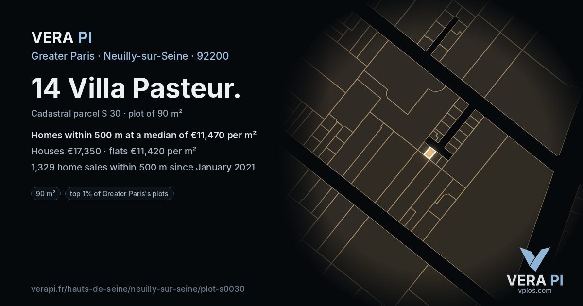 14 Villa Pasteur, Neuilly-sur-Seine at night – the plot lit, the parcels around coloured by the prices near them