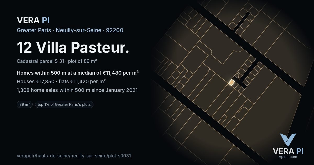 12 Villa Pasteur, Neuilly-sur-Seine at night – the plot lit, the parcels around coloured by the prices near them