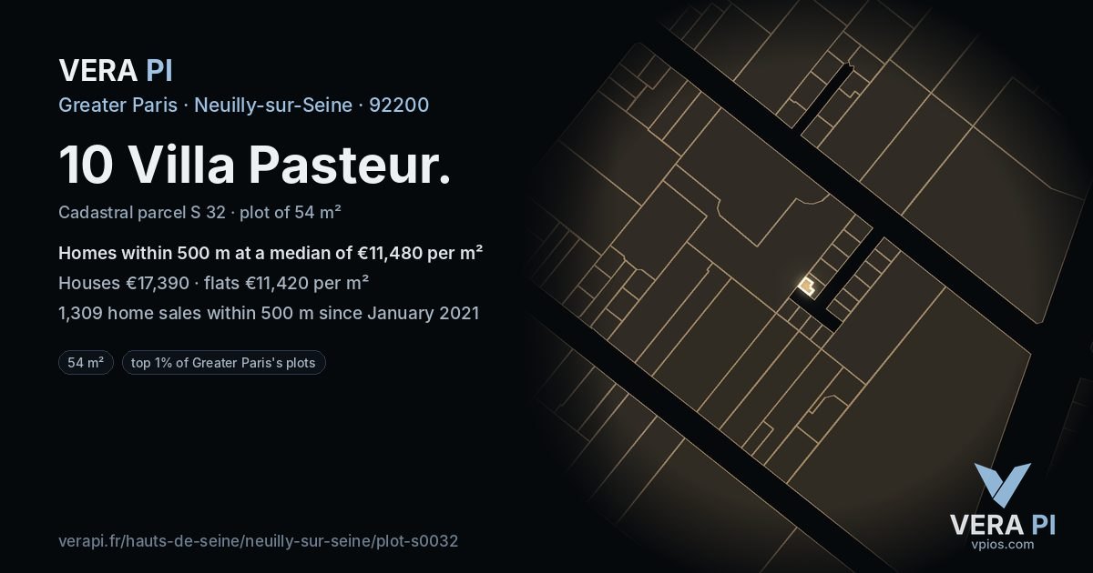 10 Villa Pasteur, Neuilly-sur-Seine at night – the plot lit, the parcels around coloured by the prices near them