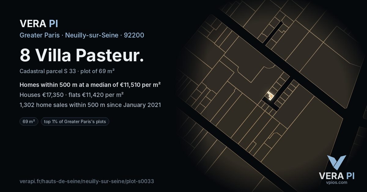 8 Villa Pasteur, Neuilly-sur-Seine at night – the plot lit, the parcels around coloured by the prices near them