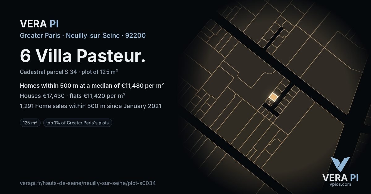 6 Villa Pasteur, Neuilly-sur-Seine at night – the plot lit, the parcels around coloured by the prices near them