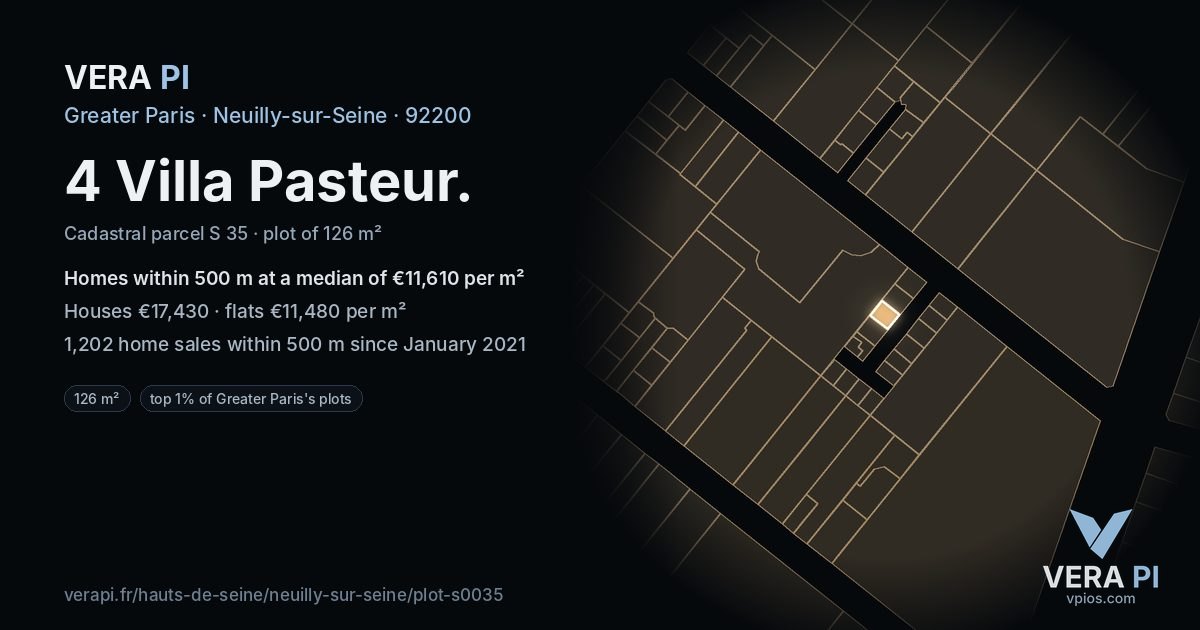 4 Villa Pasteur, Neuilly-sur-Seine at night – the plot lit, the parcels around coloured by the prices near them