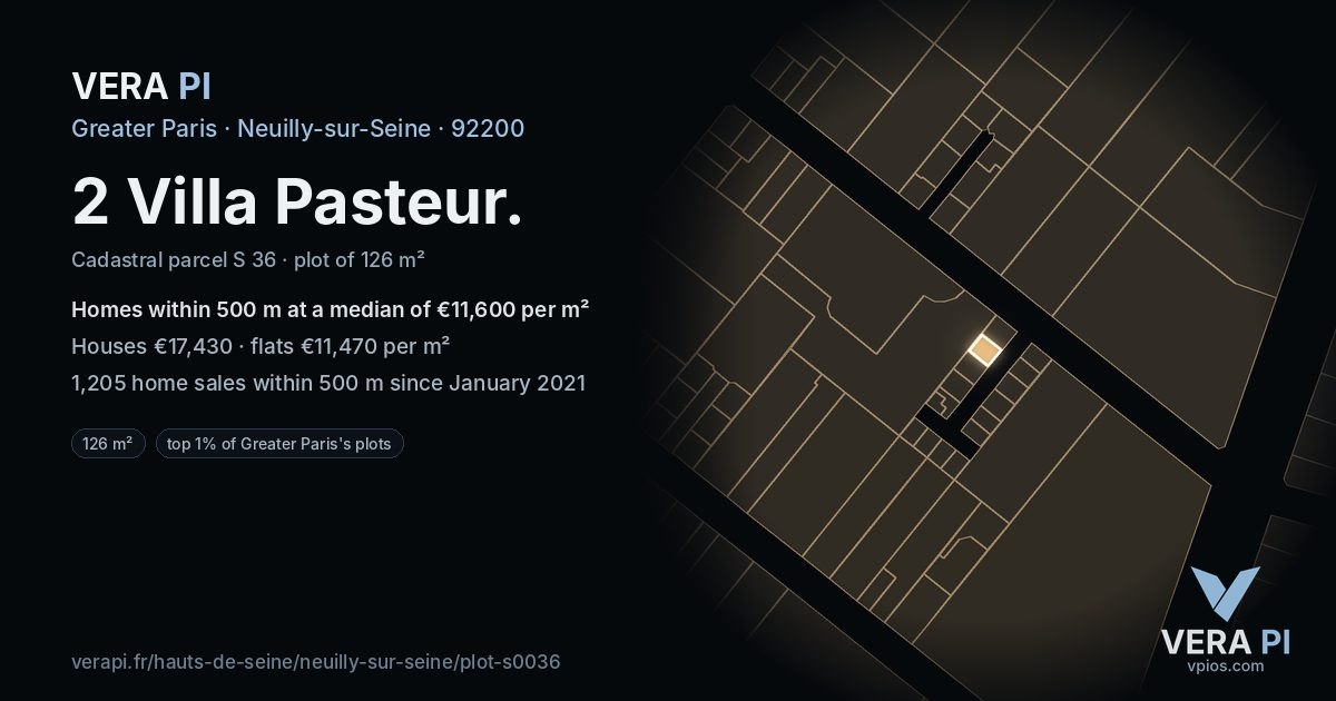 2 Villa Pasteur, Neuilly-sur-Seine at night – the plot lit, the parcels around coloured by the prices near them