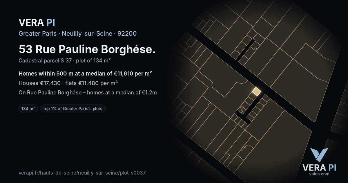 53 Rue Pauline Borghése, Neuilly-sur-Seine at night – the plot lit, the parcels around coloured by the prices near them