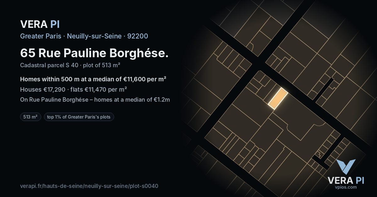 65 Rue Pauline Borghése, Neuilly-sur-Seine at night – the plot lit, the parcels around coloured by the prices near them