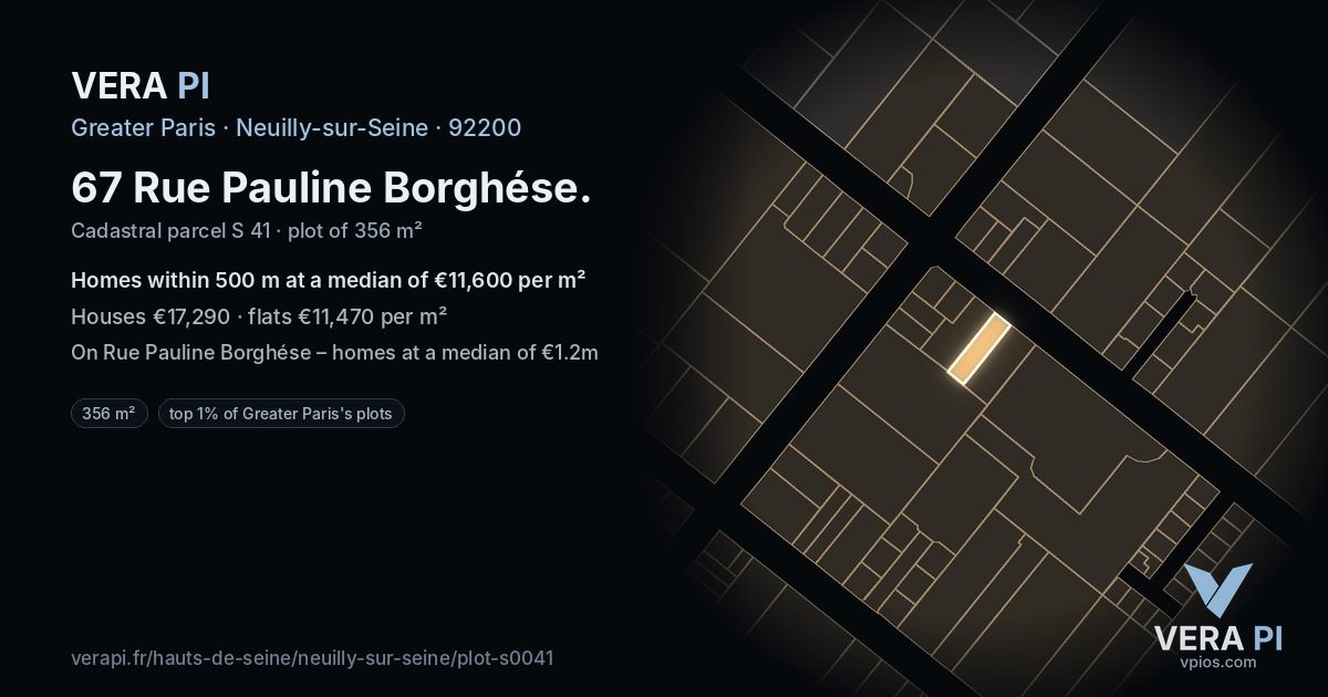 67 Rue Pauline Borghése, Neuilly-sur-Seine at night – the plot lit, the parcels around coloured by the prices near them