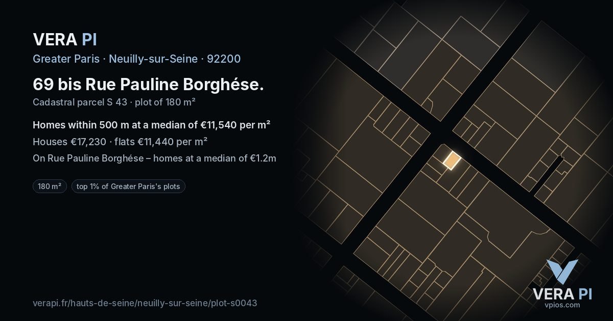 69 bis Rue Pauline Borghése, Neuilly-sur-Seine at night – the plot lit, the parcels around coloured by the prices near them