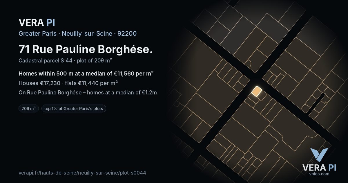 71 Rue Pauline Borghése, Neuilly-sur-Seine at night – the plot lit, the parcels around coloured by the prices near them