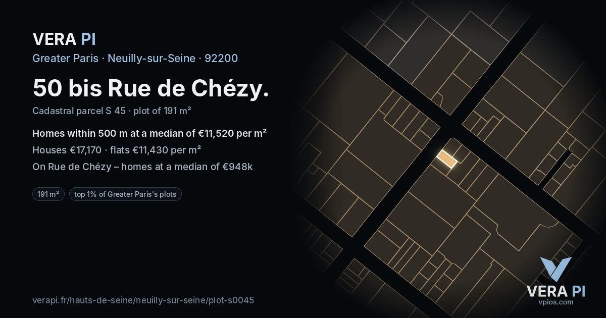 50 bis Rue de Chézy, Neuilly-sur-Seine at night – the plot lit, the parcels around coloured by the prices near them