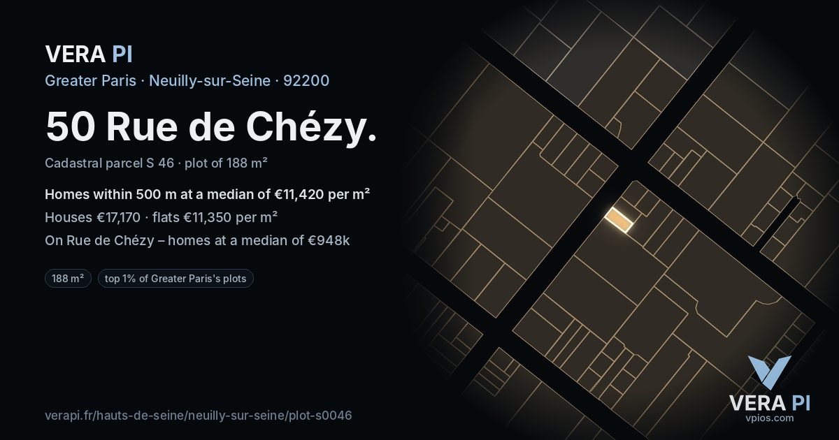 50 Rue de Chézy, Neuilly-sur-Seine at night – the plot lit, the parcels around coloured by the prices near them