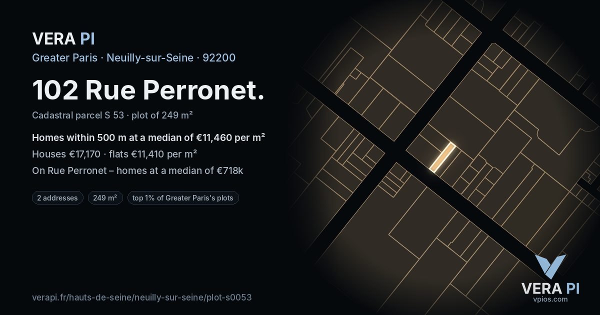 102 Rue Perronet, Neuilly-sur-Seine at night – the plot lit, the parcels around coloured by the prices near them