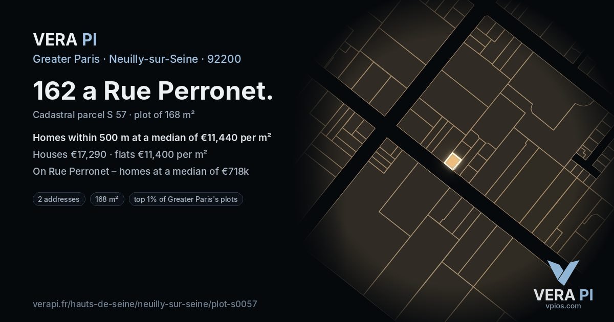 162 a Rue Perronet, Neuilly-sur-Seine at night – the plot lit, the parcels around coloured by the prices near them