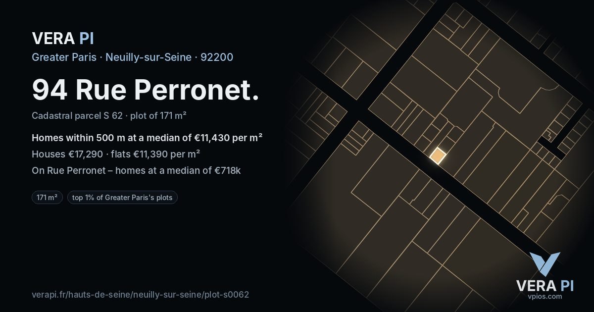 94 Rue Perronet, Neuilly-sur-Seine at night – the plot lit, the parcels around coloured by the prices near them
