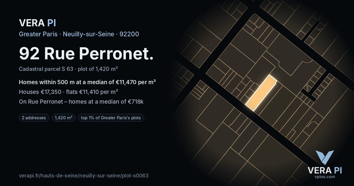 92 Rue Perronet, Neuilly-sur-Seine at night – the plot lit, the parcels around coloured by the prices near them