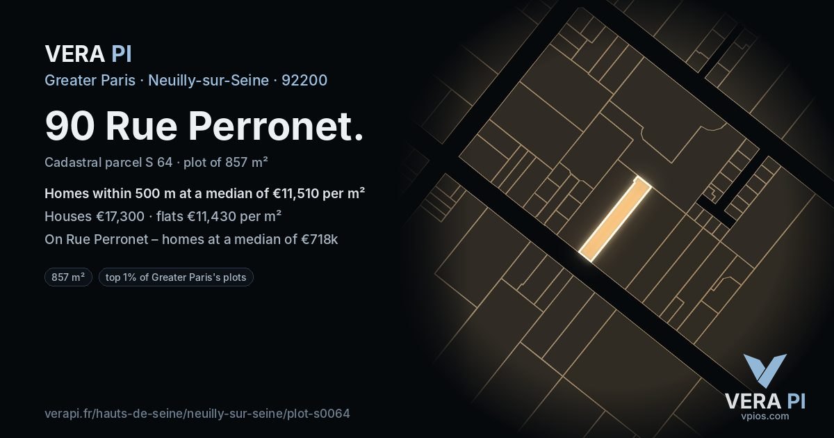 90 Rue Perronet, Neuilly-sur-Seine at night – the plot lit, the parcels around coloured by the prices near them