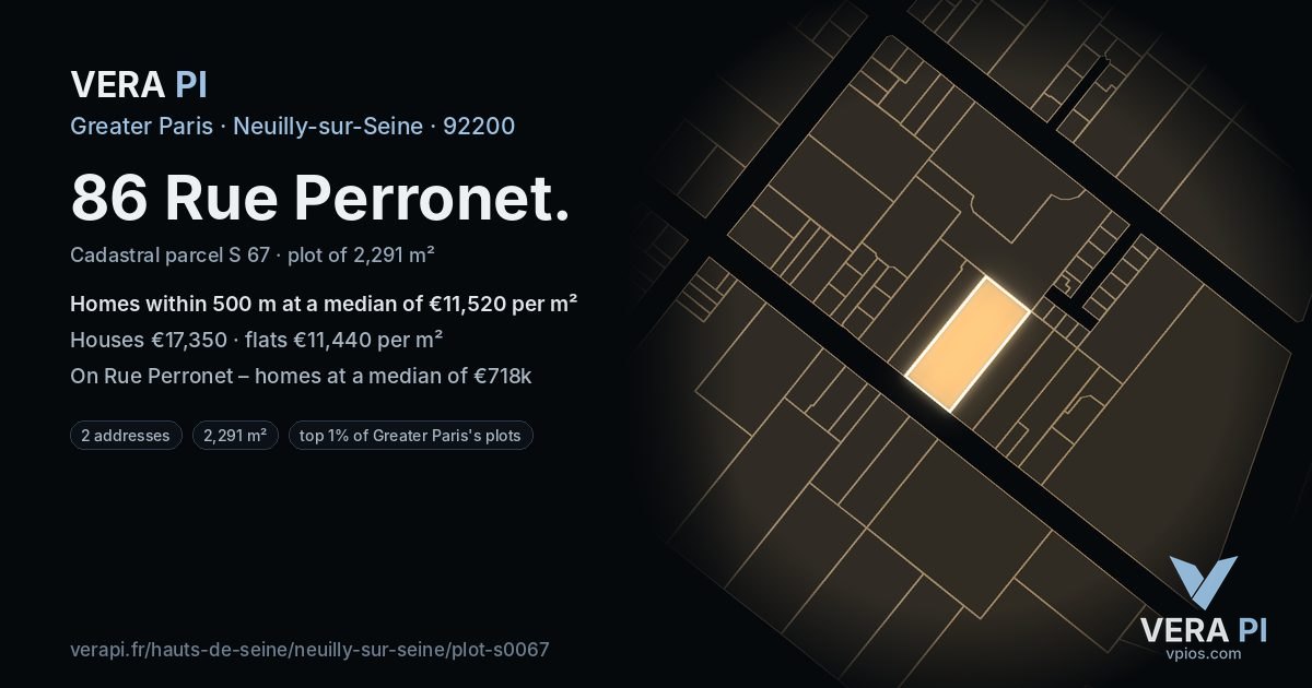 86 Rue Perronet, Neuilly-sur-Seine at night – the plot lit, the parcels around coloured by the prices near them