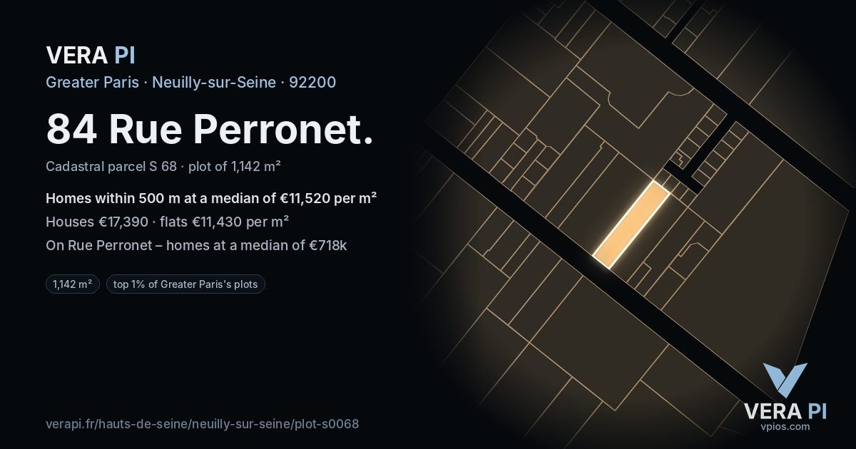 84 Rue Perronet, Neuilly-sur-Seine at night – the plot lit, the parcels around coloured by the prices near them