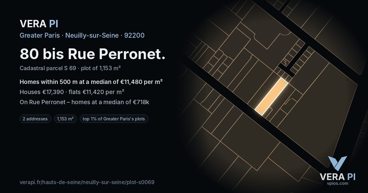 80 bis Rue Perronet, Neuilly-sur-Seine at night – the plot lit, the parcels around coloured by the prices near them