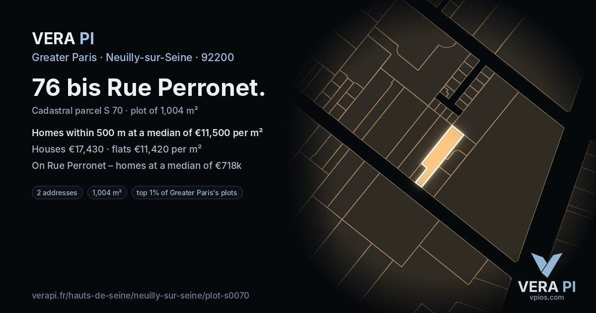 76 bis Rue Perronet, Neuilly-sur-Seine at night – the plot lit, the parcels around coloured by the prices near them