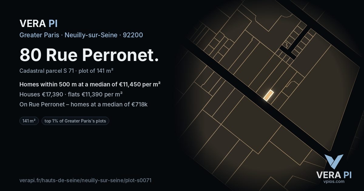 80 Rue Perronet, Neuilly-sur-Seine at night – the plot lit, the parcels around coloured by the prices near them