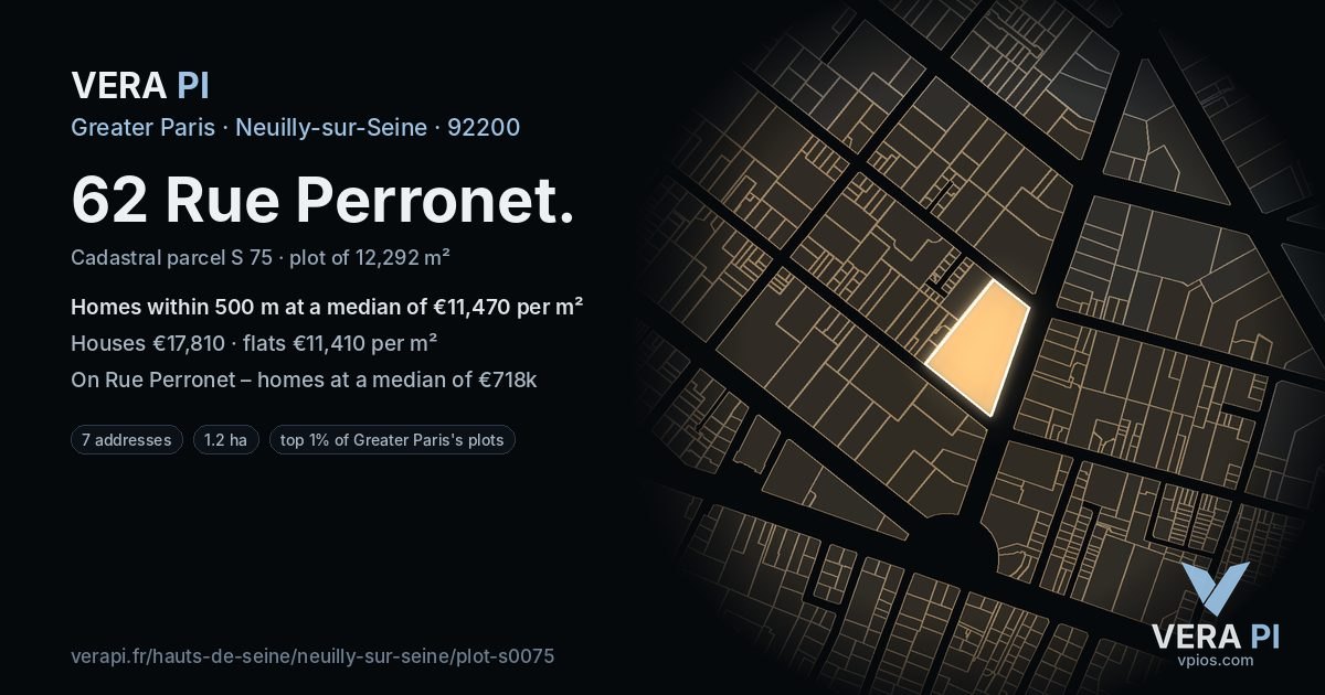 62 Rue Perronet, Neuilly-sur-Seine at night – the plot lit, the parcels around coloured by the prices near them