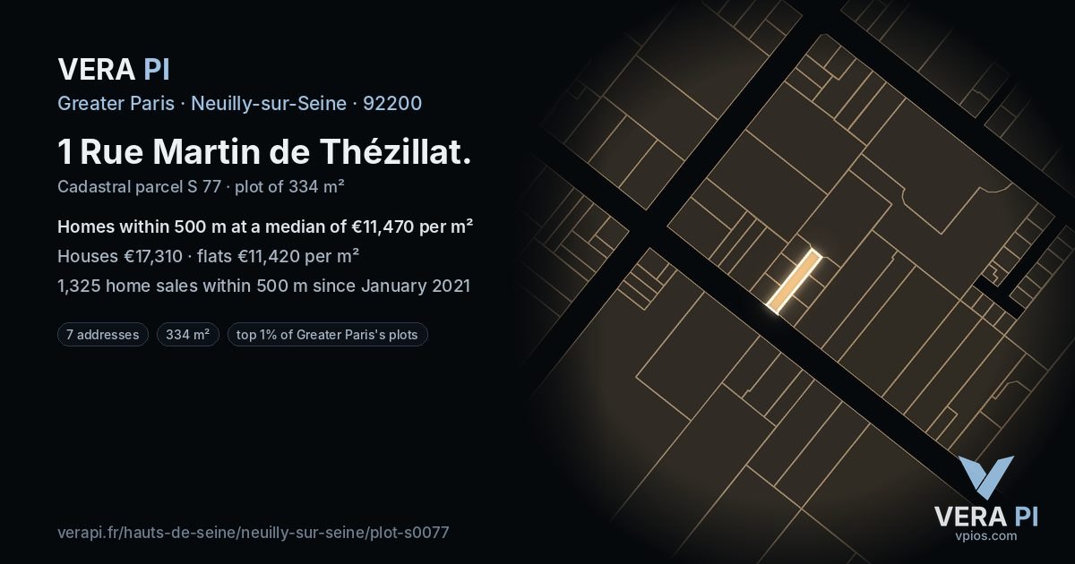 1 Rue Martin de Thézillat, Neuilly-sur-Seine at night – the plot lit, the parcels around coloured by the prices near them