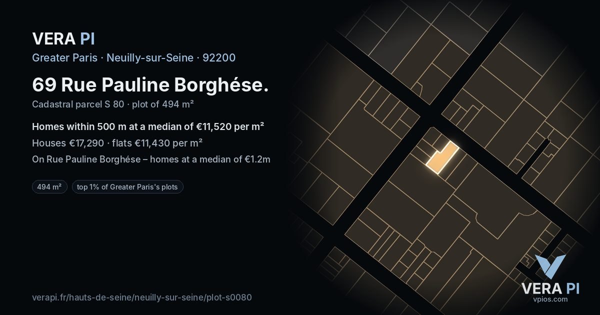 69 Rue Pauline Borghése, Neuilly-sur-Seine at night – the plot lit, the parcels around coloured by the prices near them