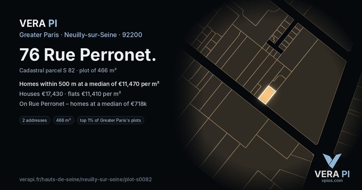 76 Rue Perronet, Neuilly-sur-Seine at night – the plot lit, the parcels around coloured by the prices near them