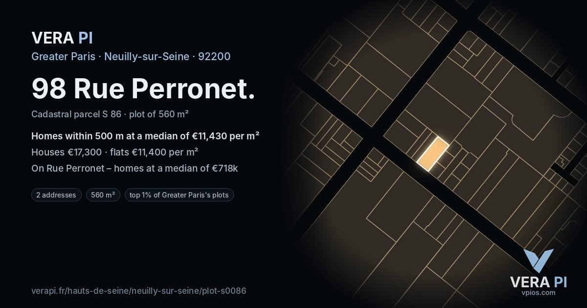 98 Rue Perronet, Neuilly-sur-Seine at night – the plot lit, the parcels around coloured by the prices near them