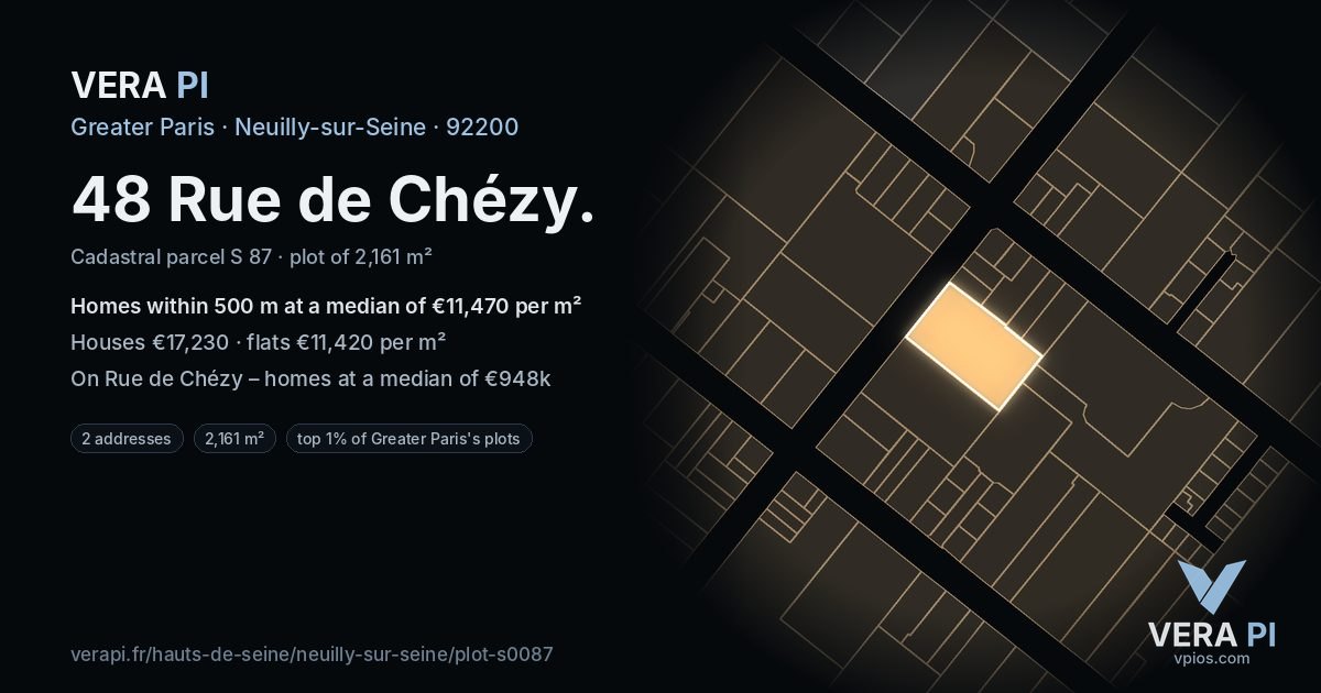 48 Rue de Chézy, Neuilly-sur-Seine at night – the plot lit, the parcels around coloured by the prices near them