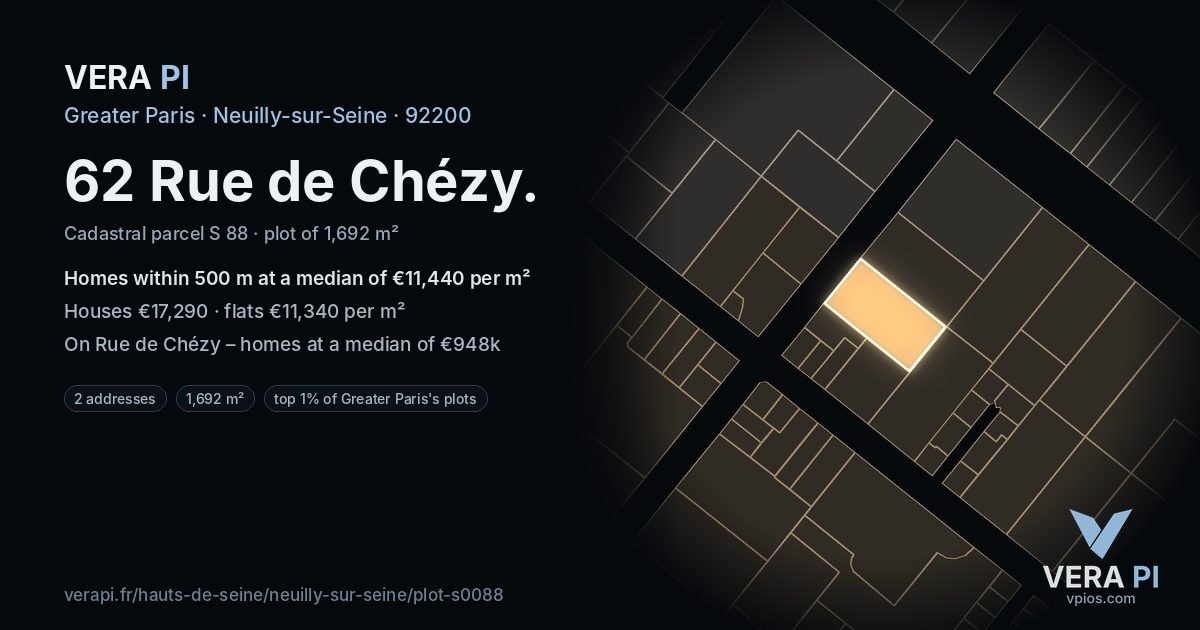 62 Rue de Chézy, Neuilly-sur-Seine at night – the plot lit, the parcels around coloured by the prices near them