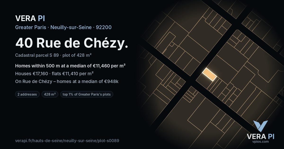 40 Rue de Chézy, Neuilly-sur-Seine at night – the plot lit, the parcels around coloured by the prices near them