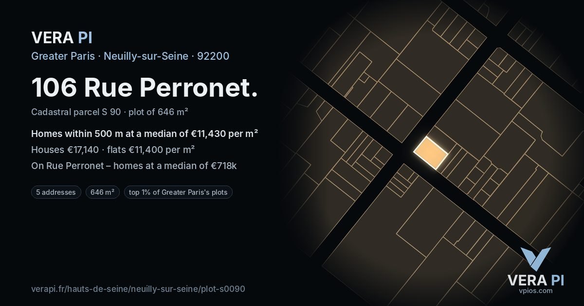 106 Rue Perronet, Neuilly-sur-Seine at night – the plot lit, the parcels around coloured by the prices near them