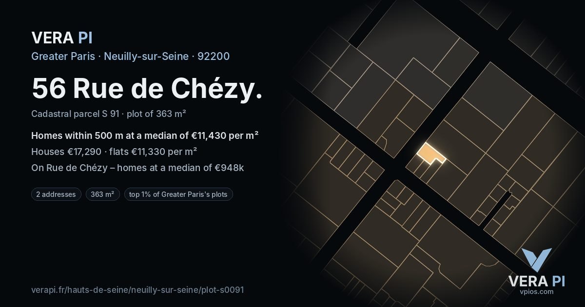 56 Rue de Chézy, Neuilly-sur-Seine at night – the plot lit, the parcels around coloured by the prices near them