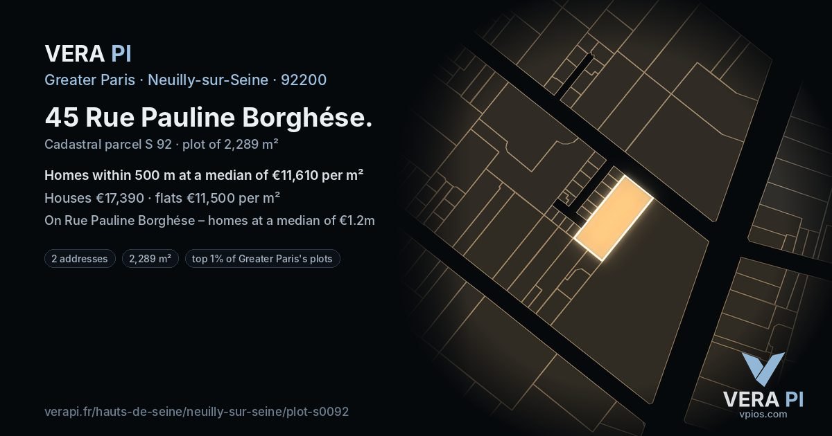 45 Rue Pauline Borghése, Neuilly-sur-Seine at night – the plot lit, the parcels around coloured by the prices near them